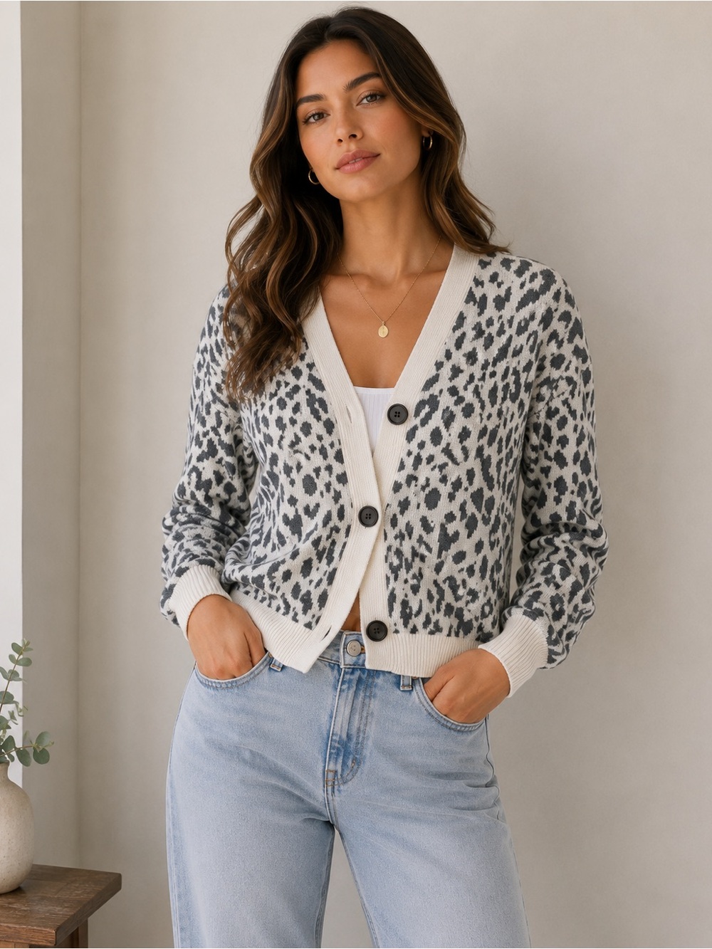 LOFT Leopard Print Cotton Cardigan Sweater Size Small